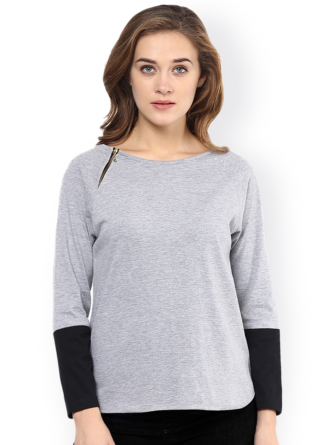

Miss Chase Grey Melange Colourblocked Relaxed Fit T-Shirt
