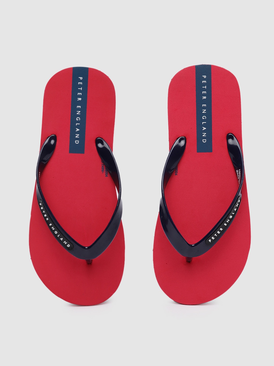 

Peter England Men Red & Navy Blue Solid Rubber Thong Flip-Flops with Brand Logo Printed