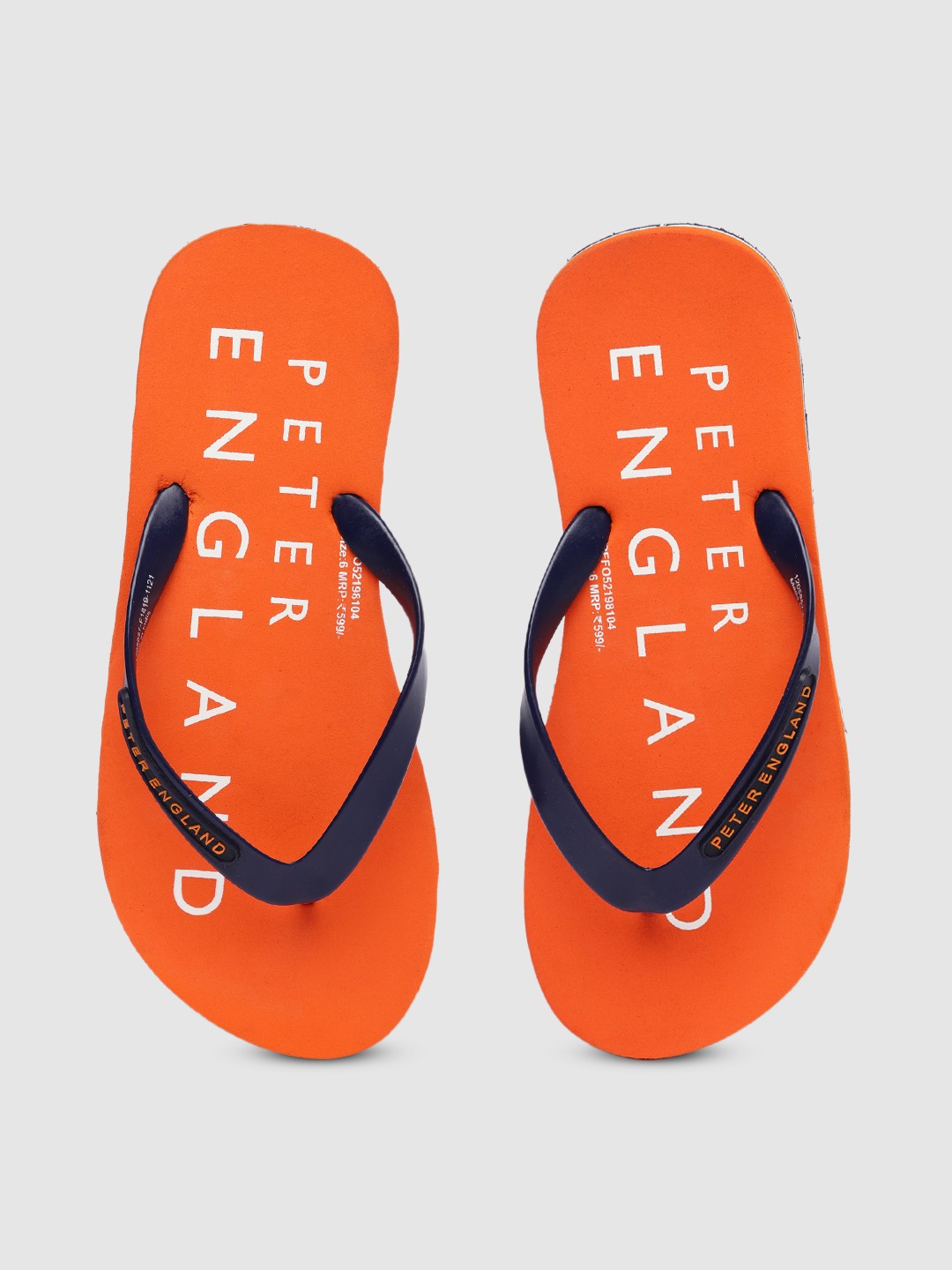 

Peter England Men Orange & Navy Blue Brand Logo Printed Rubber Thong Flip-Flops