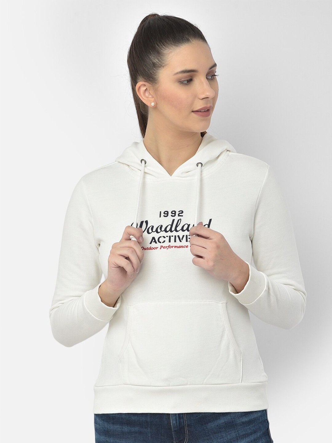 

Woodland Women White Printed Hooded Sweatshirt