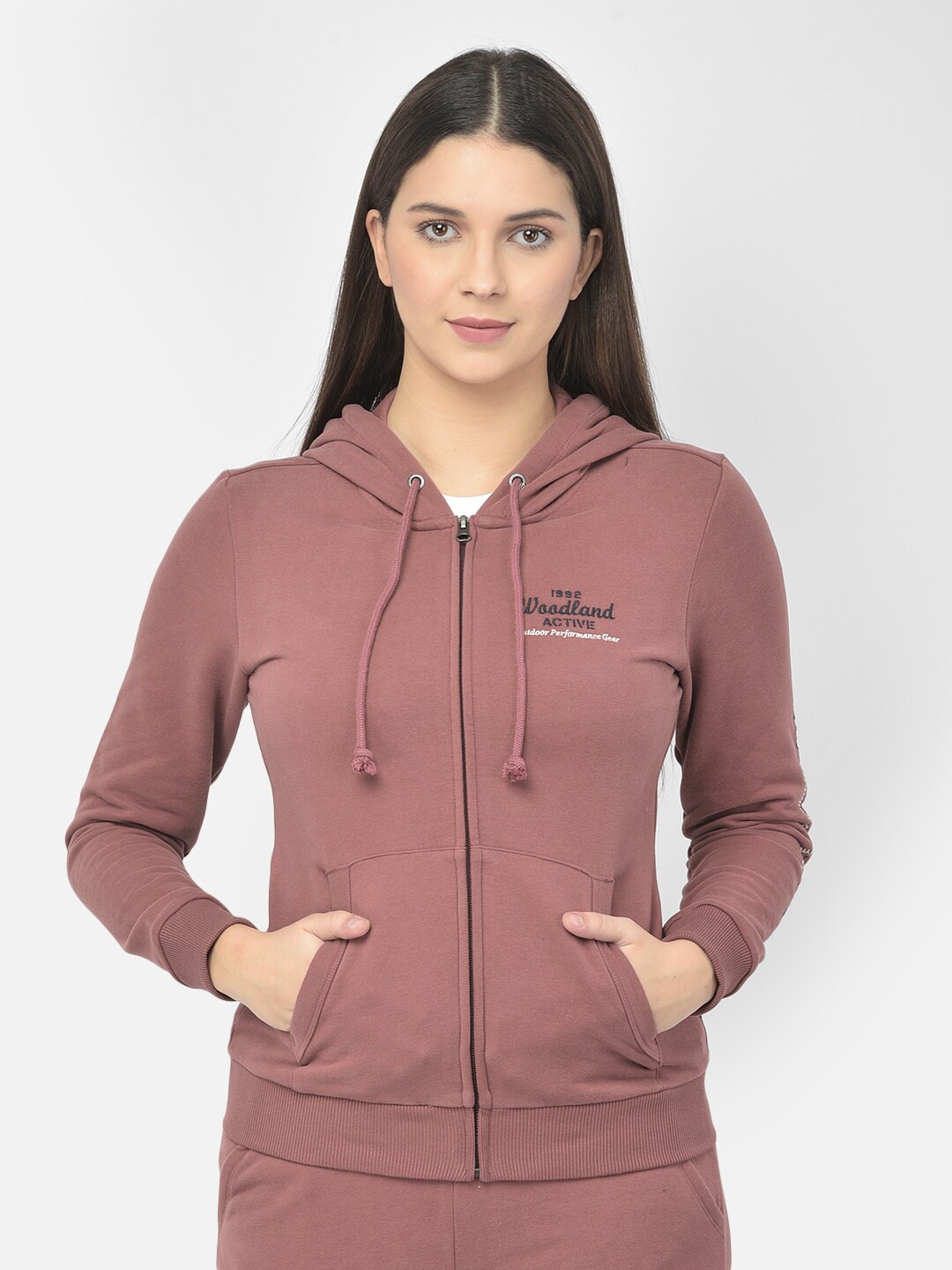 

Woodland Women Pink Solid Hooded Sweatshirt