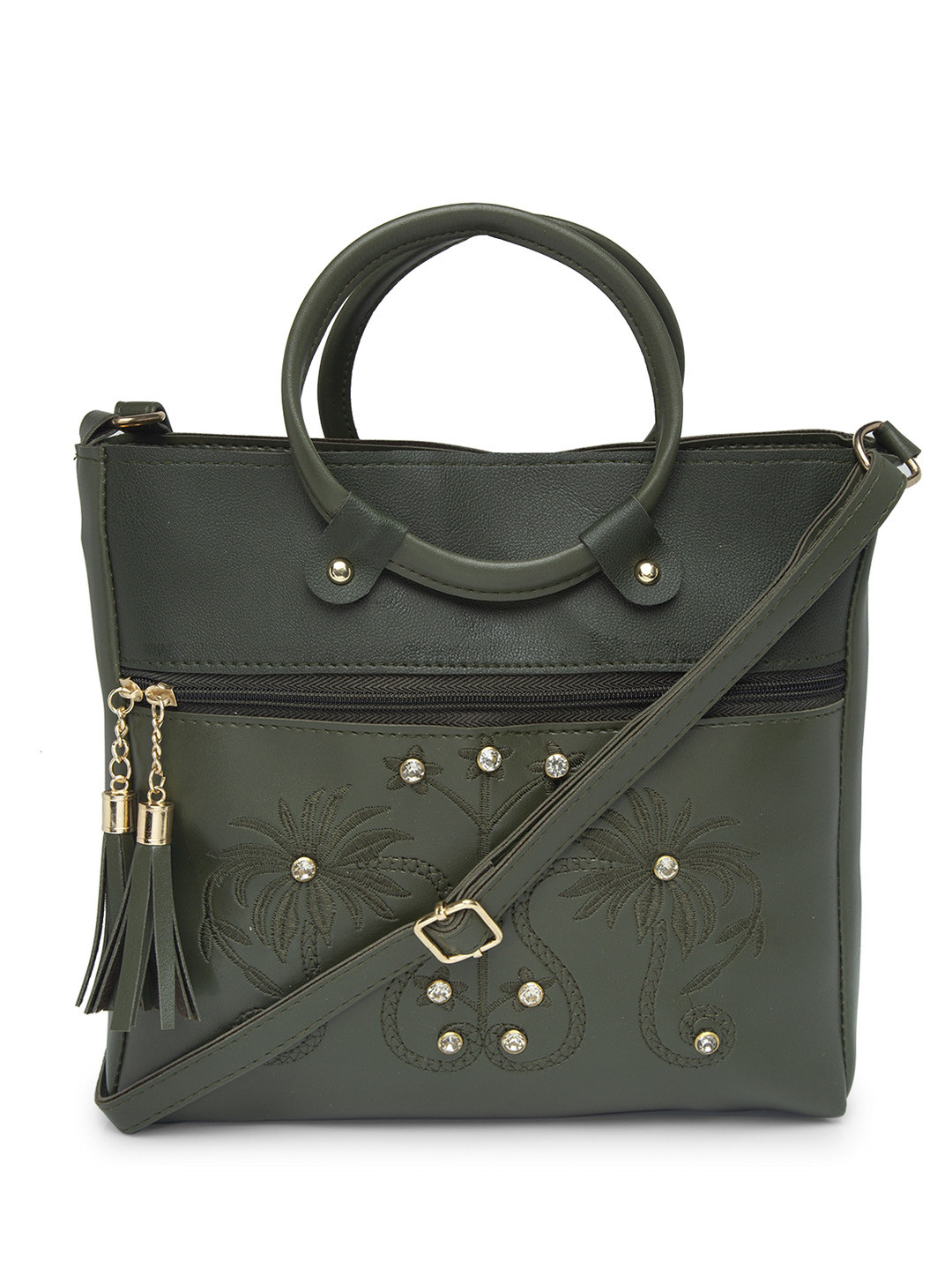 

borse lele Olive Green Embellished Structured Handheld Bag