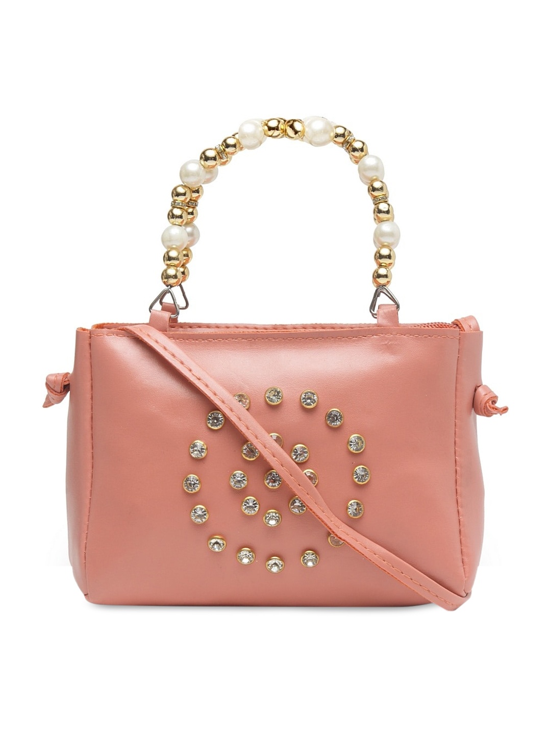 

borse lele Peach-Coloured Embellished PU Structured Satchel With Stone Work Handle