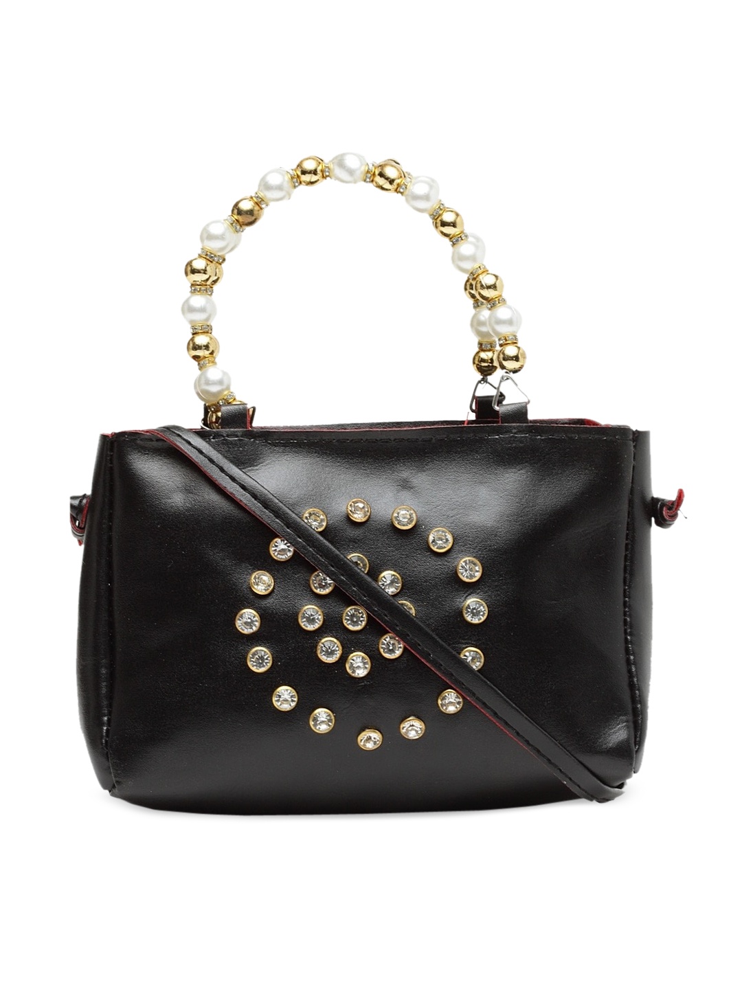 

borse lele Black Embellished PU Structured Satchel With Stone Work Handle