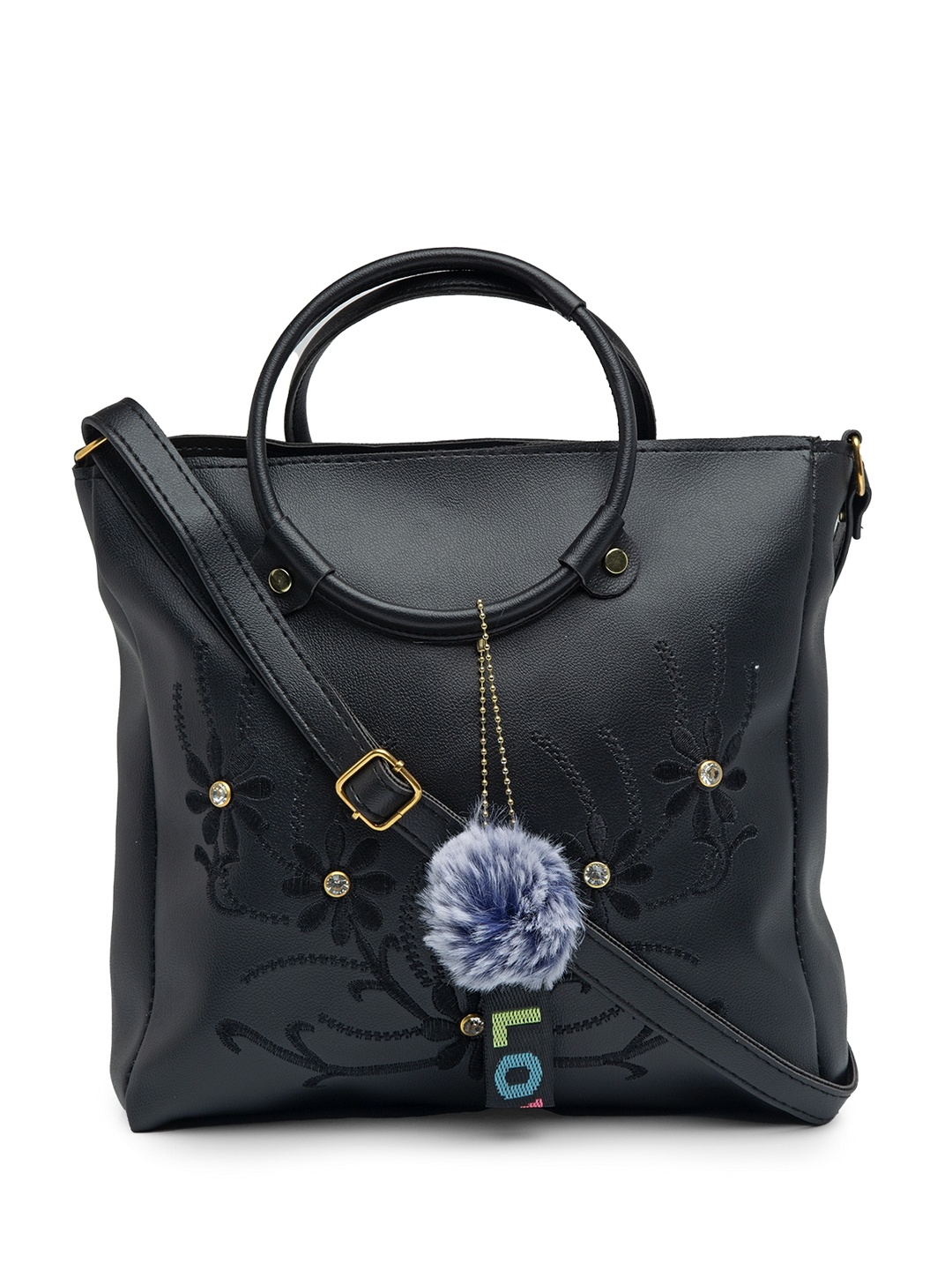 

borse lele Black Floral Printed PU Structured Handheld Bag