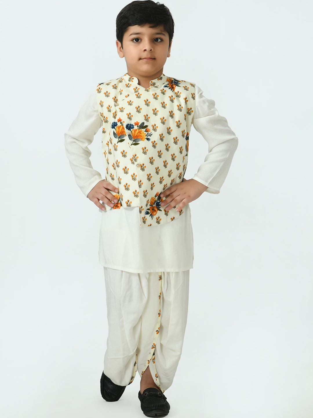 

Muffin Shuffin Boys Off White Kurta with Dhoti Pants with Nehru Jacket