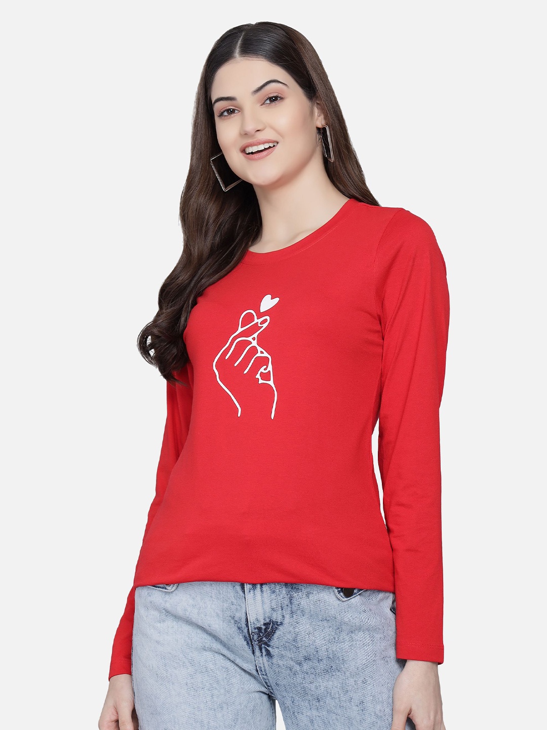 

PockMAN Women Red Finger Heart Printed T-shirt