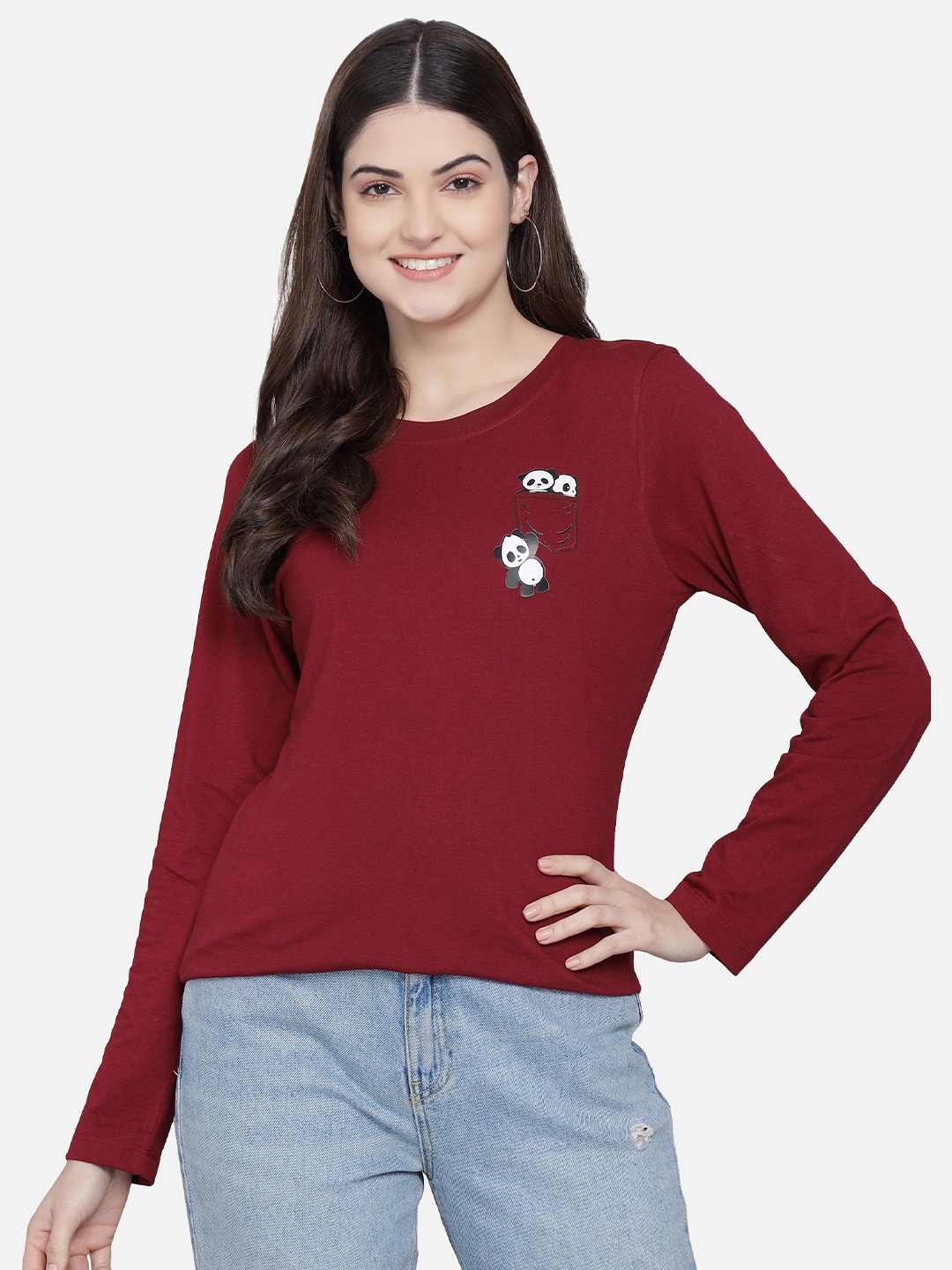 

PockMAN Women Maroon Extended Sleeves T-shirt