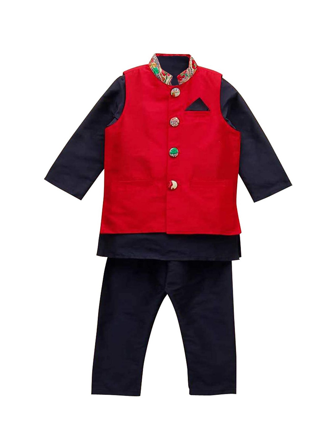 

A T U N Boys Navy Blue & Red Solid Kurta with Pyjamas & Jacket