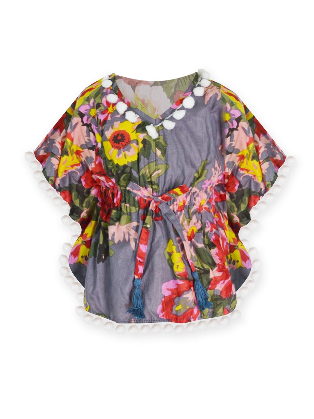 

A.T.U.N. Girls Grey & Pink Floral Printed Pure Cotton Kaftan Top