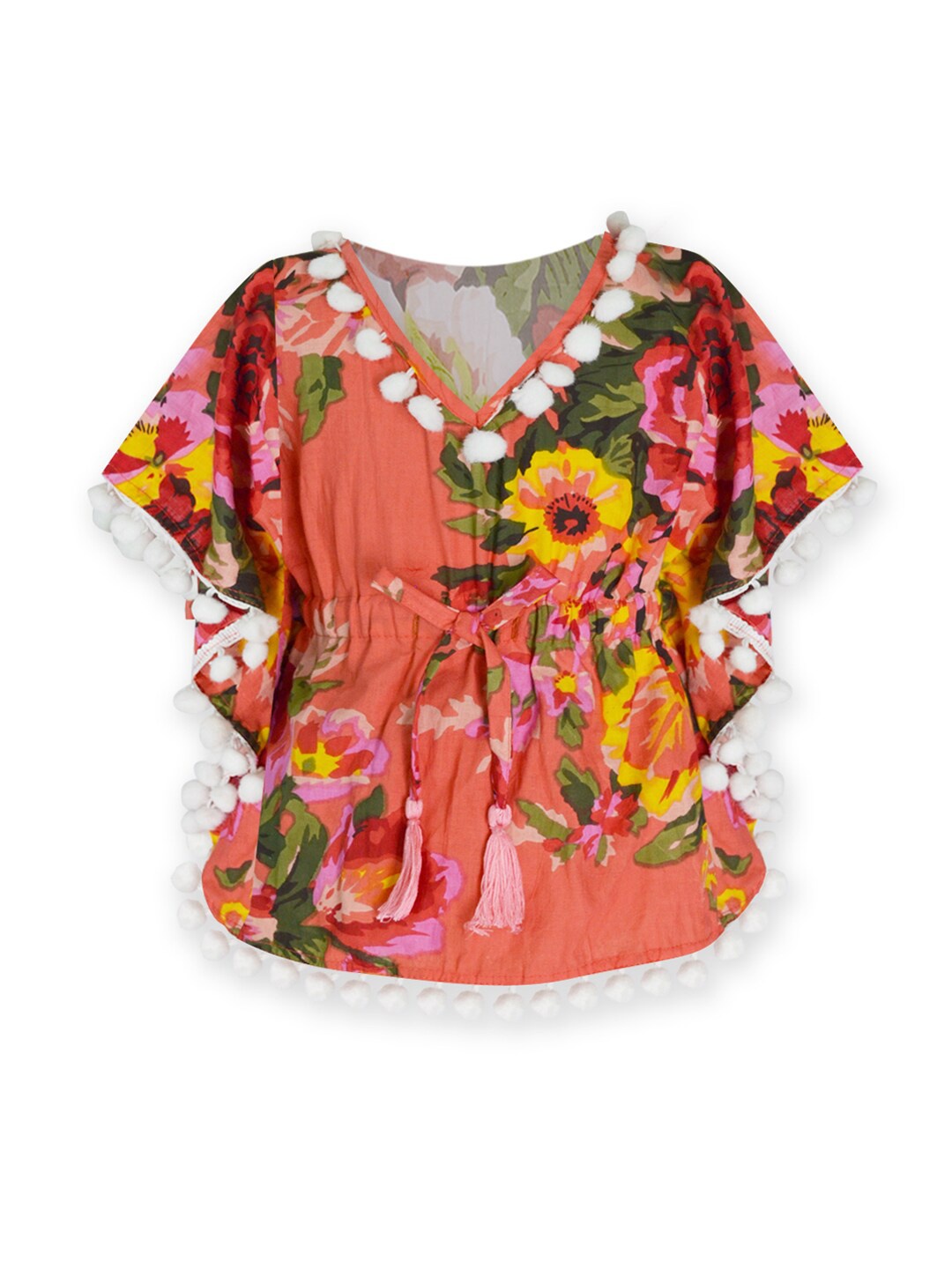 

A.T.U.N. Girls Peach-Coloured & Yellow Floral Print Pure Cotton Kaftan Top