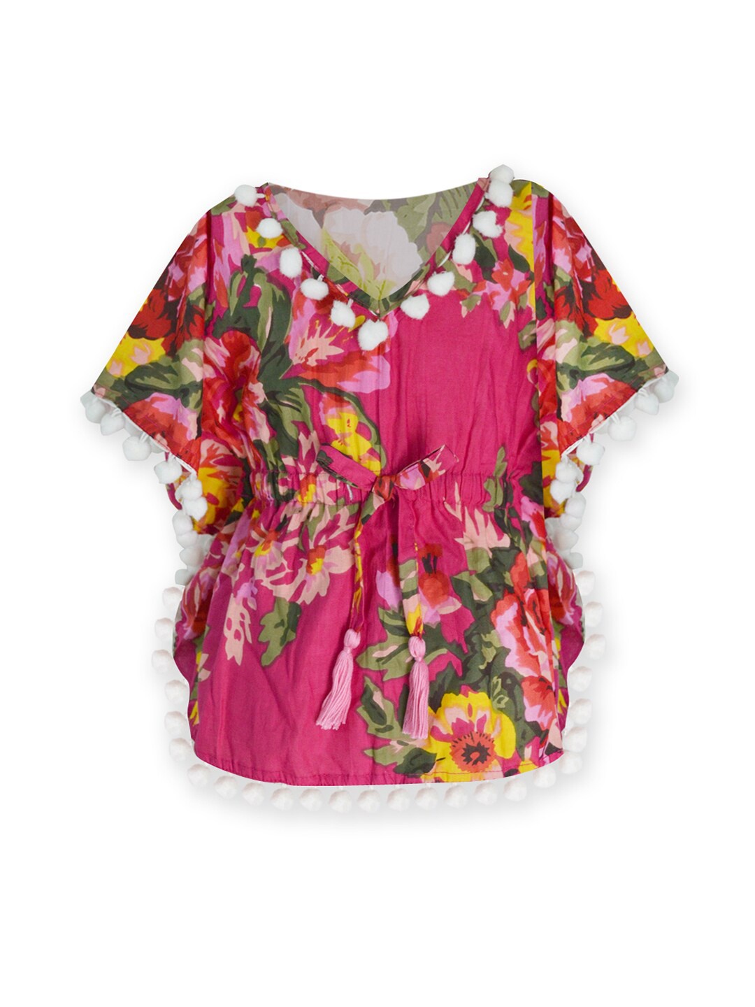 

A.T.U.N. Girls Magenta & Green Floral Print Pure Cotton Kaftan Top