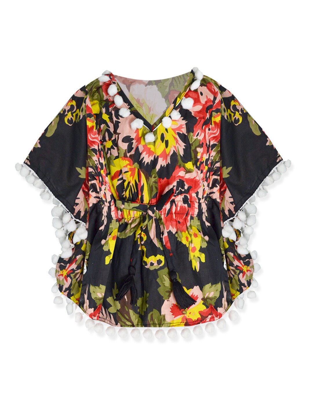 

A.T.U.N. Girls Black & Yellow Floral Print Pure Cotton Kaftan Top