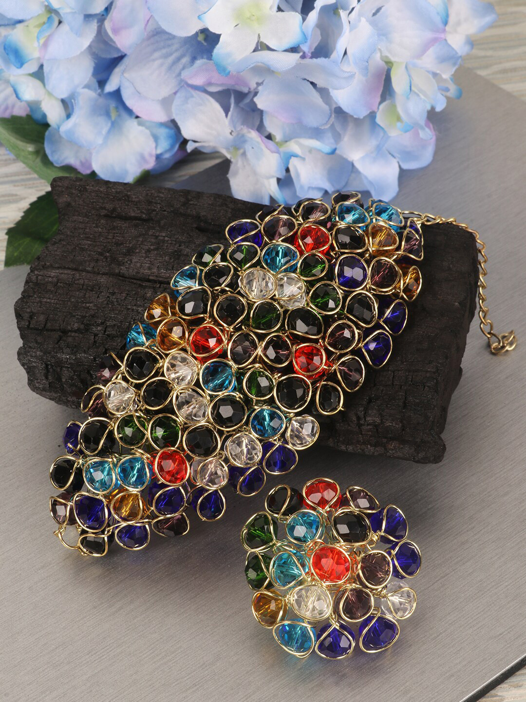 

PENNY JEWELS Set Of 2 Stylish Multicolour Artificial Beads Fashion Ring & Bracelet Combo, Multi