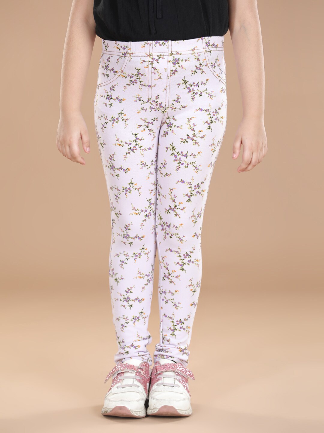 

StyleStone Girls Purple & White Floral Printed Cotton Jeggings