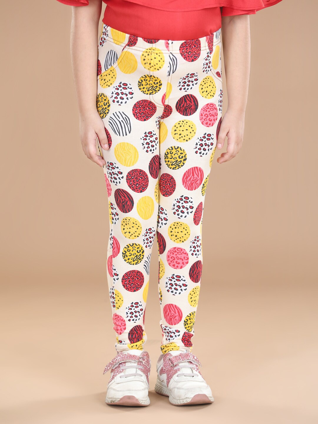 

StyleStone Girls Beige & Red Printed Cotton Jeggings