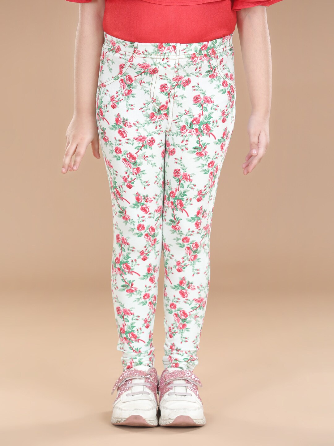 

StyleStone Girls Red & White Printed Cotton Jeggings