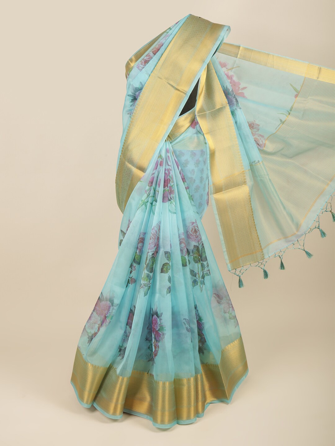 

Pothys Blue & Gold-Toned Floral Jacquard Design Organza Saree