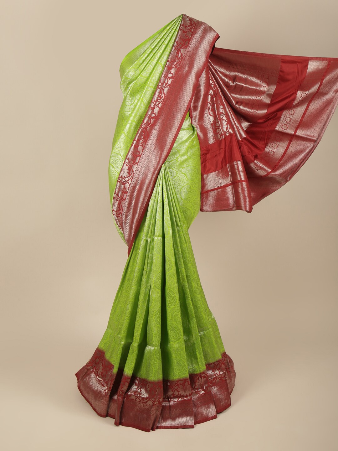 

Pothys Women Green & Maroon Ethnic Motifs Woven Design Zari Art Silk Saree