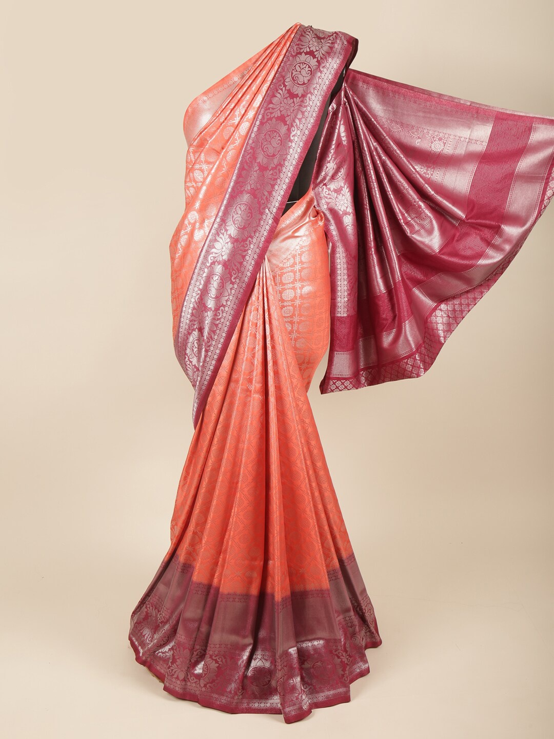 

Pothys Women Orange & Burgundy Woven Design Zari Art Silk Saree