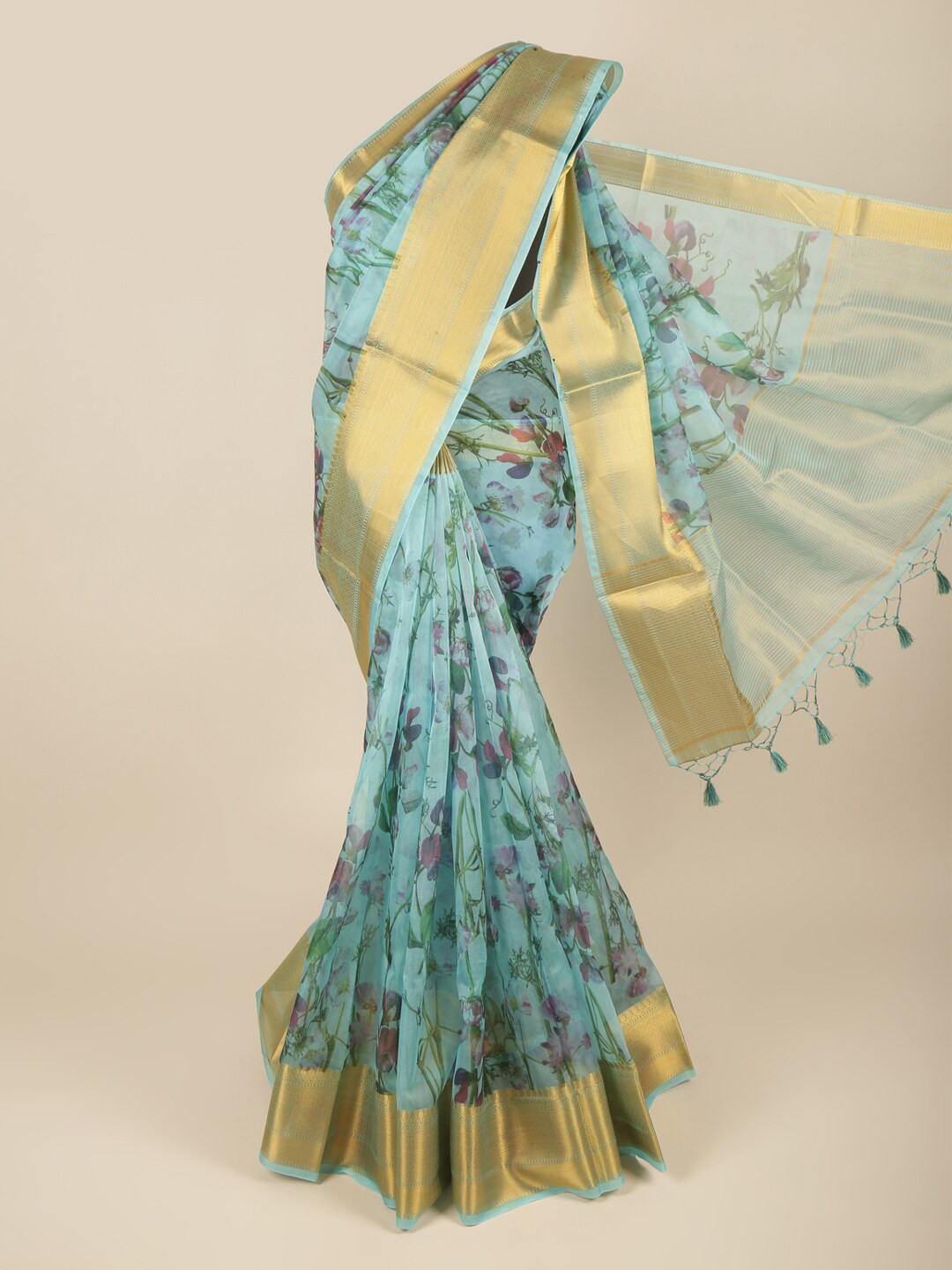 

Pothys Blue Floral Zari Organza Saree