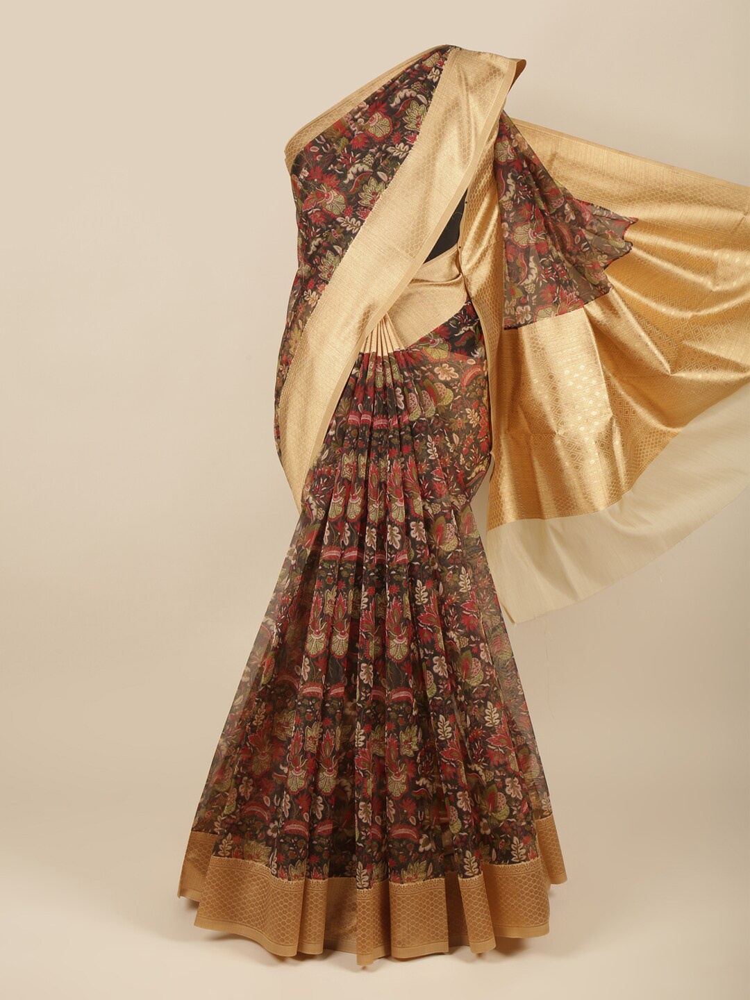 

Pothys Black & Red Ethnic Motifs Zari Organza Saree