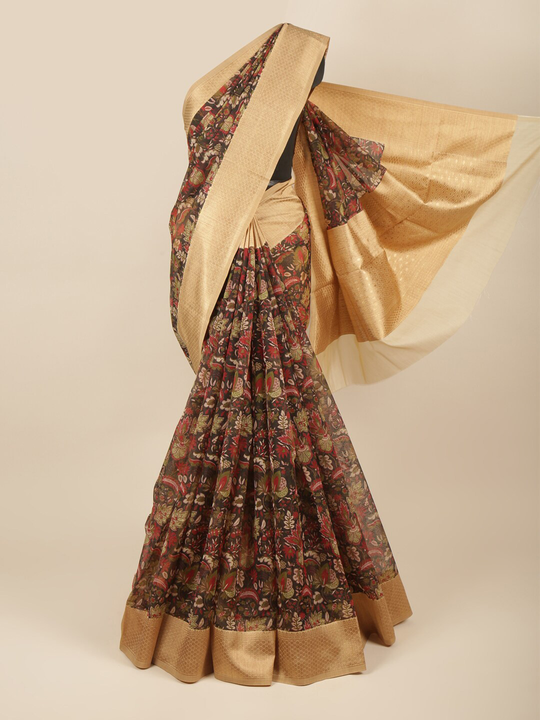 

Pothys Black & Red Floral Zari Organza Saree