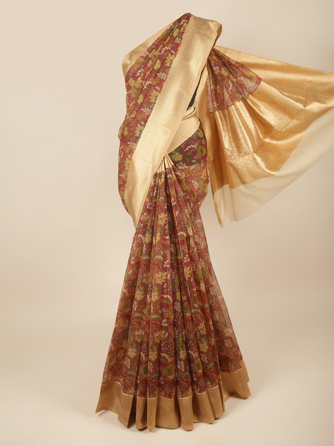 

Pothys Maroon & Gold-Toned Floral Zari Organza Saree