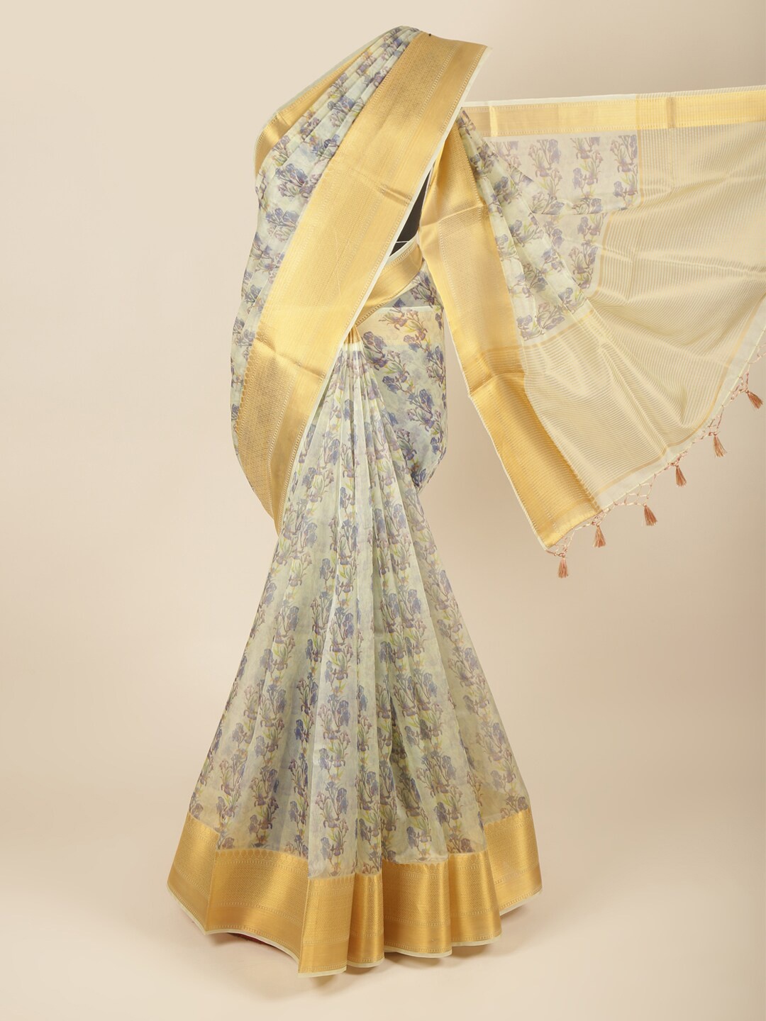 

Pothys Women Grey & Green Floral Zari Organza Saree