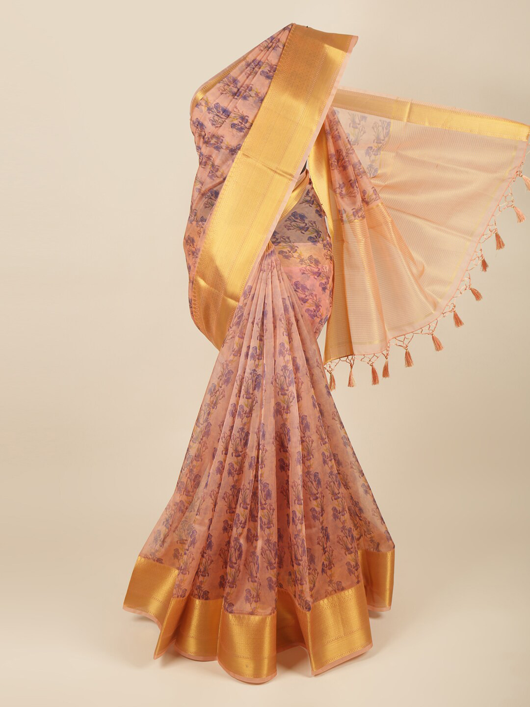 

Pothys Women Orange & Purple Floral Zari Organza Saree