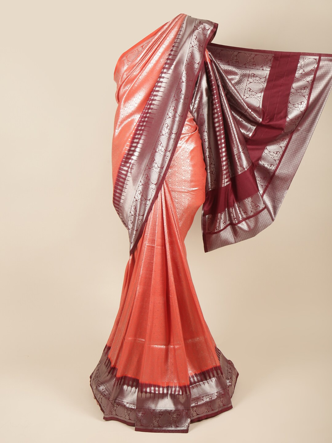 

Pothys Peach-Coloured & Silver-Toned Ethnic Motifs Zari Art Silk Saree