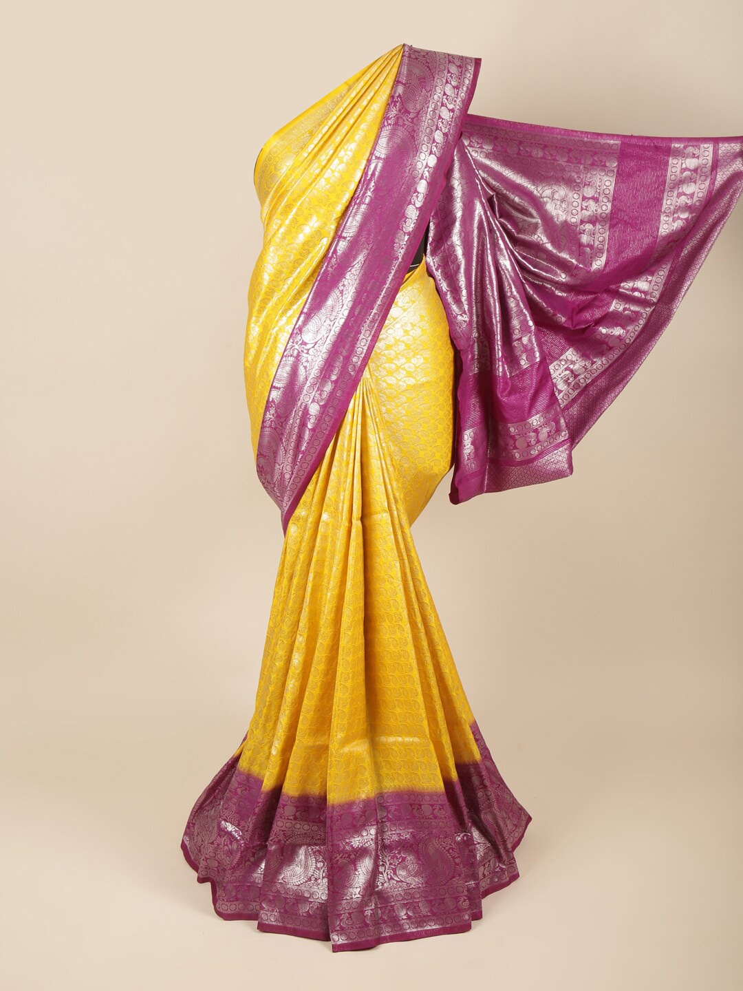 

Pothys Yellow & Silver-Toned Ethnic Motifs Zari Art Silk Saree