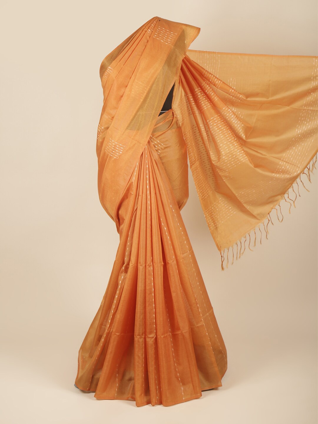 

Pothys Orange & White Striped Thread Work Embroidered Jute Silk Saree
