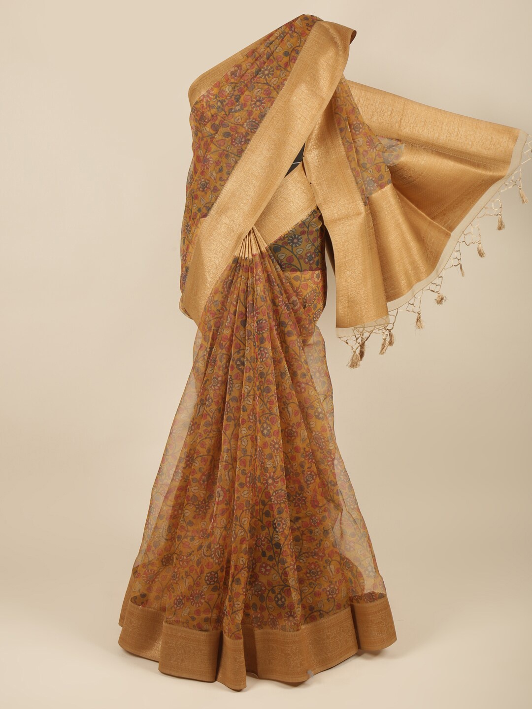 

Pothys Mustard & Blue Floral Jacquard Design Organza Saree