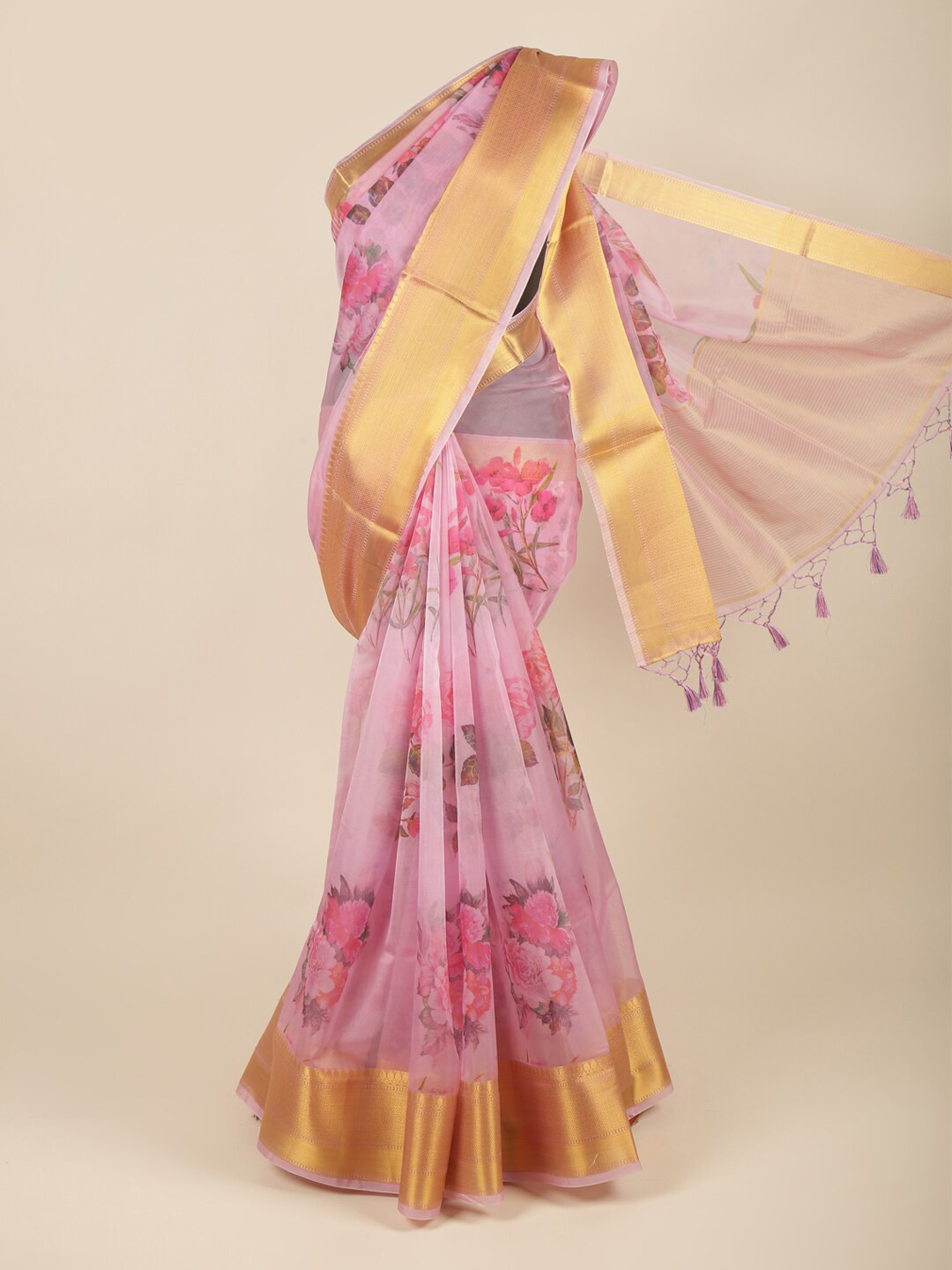 

Pothys Pink & Gold-Toned Floral Zari Organza Saree