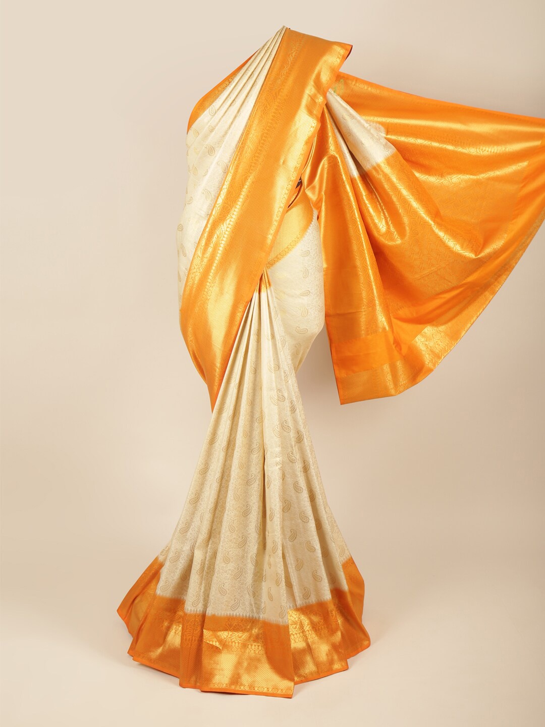 

Pothys Cream-Coloured & Orange Woven Design Zari Art Silk Saree