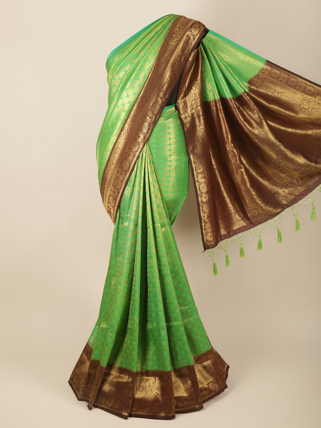 

Pothys Green & Maroon Ethnic Motifs Zari Art Silk Banarasi Saree