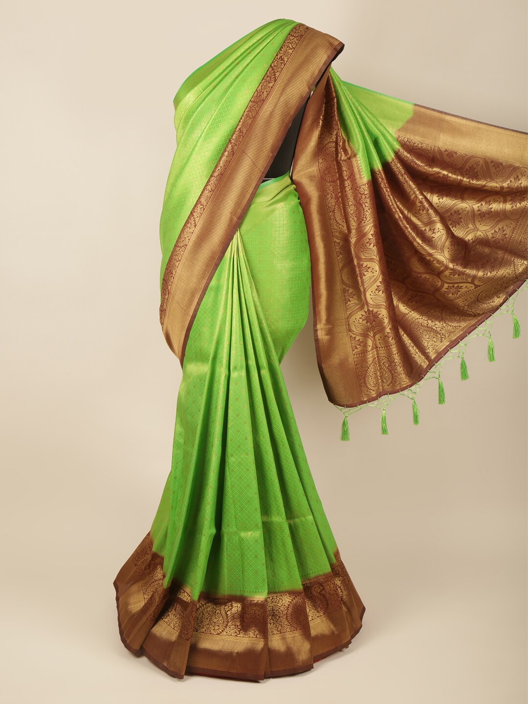 

Pothys Green & Brown Ethnic Motifs Zari Art Silk Banarasi Saree