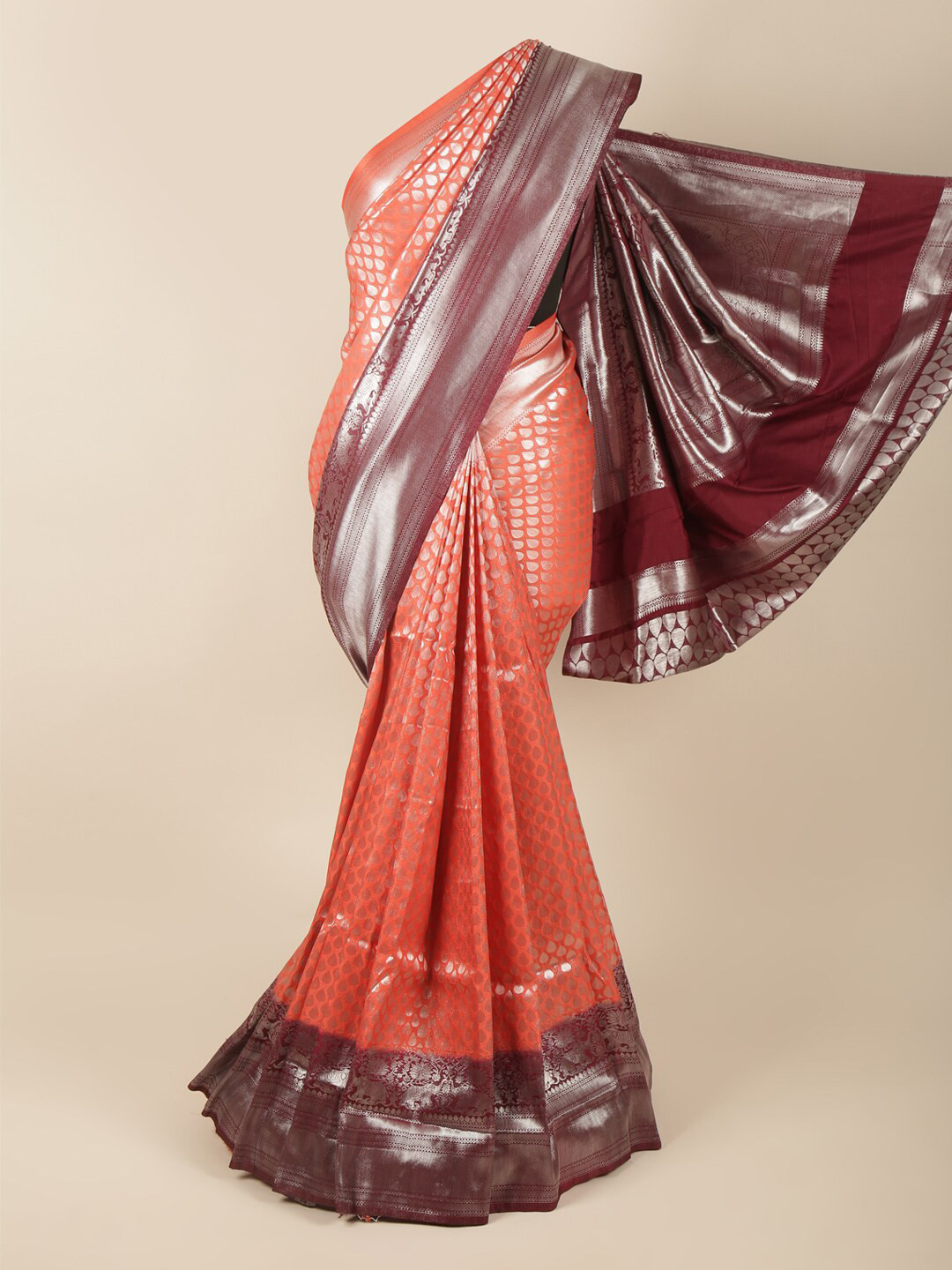 

Pothys Orange & Brown Ethnic Motifs Zari Art Silk Banarasi Saree