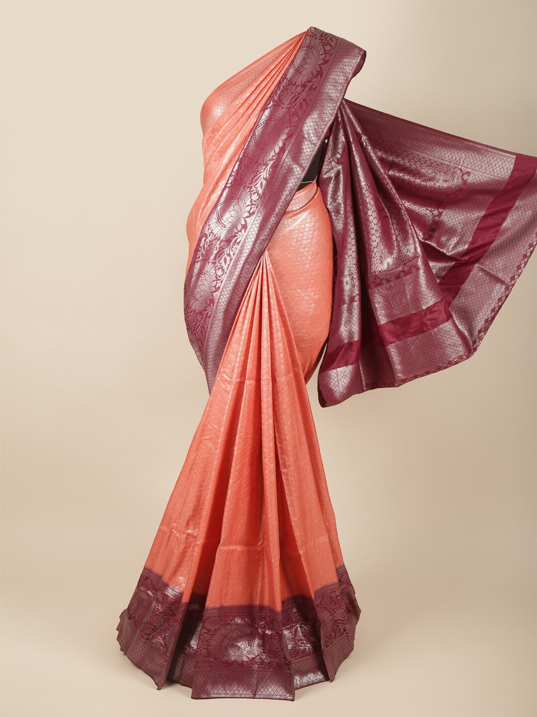 

Pothys Peach-Coloured & Maroon Ethnic Motifs Zari Art Silk Banarasi Saree