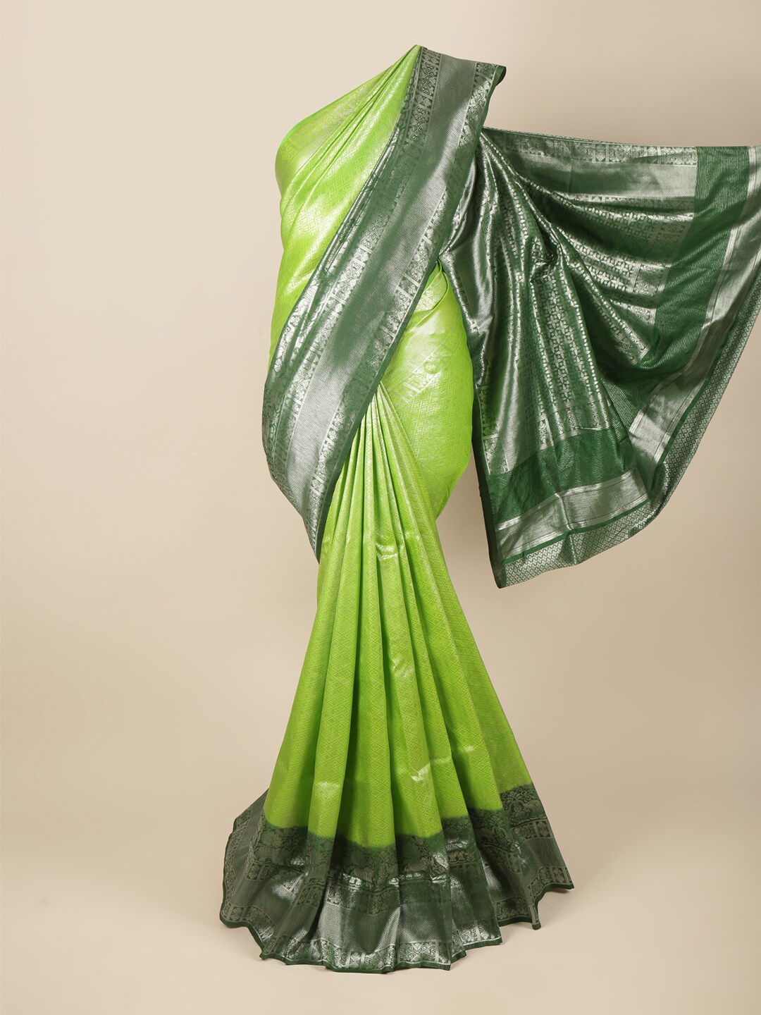 

Pothys Green & Silver-Toned Woven Design Zari Art Silk Banarasi Saree