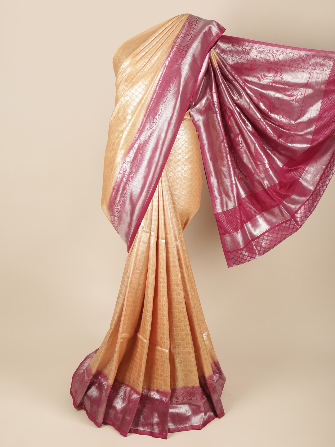 

Pothys Cream & Magenta Ethnic Motifs Art Silk Banarasi Saree