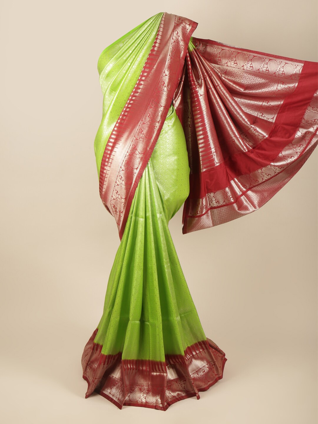 

Pothys Green & Red Silver-Toned Woven Design Art Silk Banarasi Saree