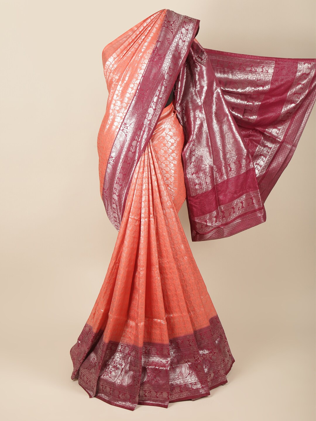 

Pothys Orange & Brown Ethnic Motifs Zari Art Silk Banarasi Saree