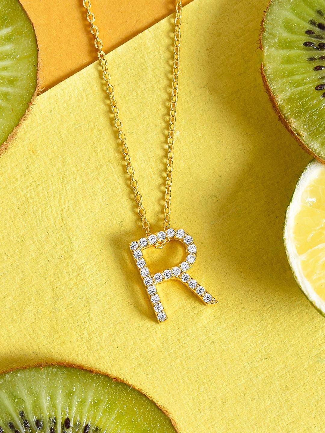 

Tistabene Gold-Plated White AD-Studded R Alphabet Pendant with Chain