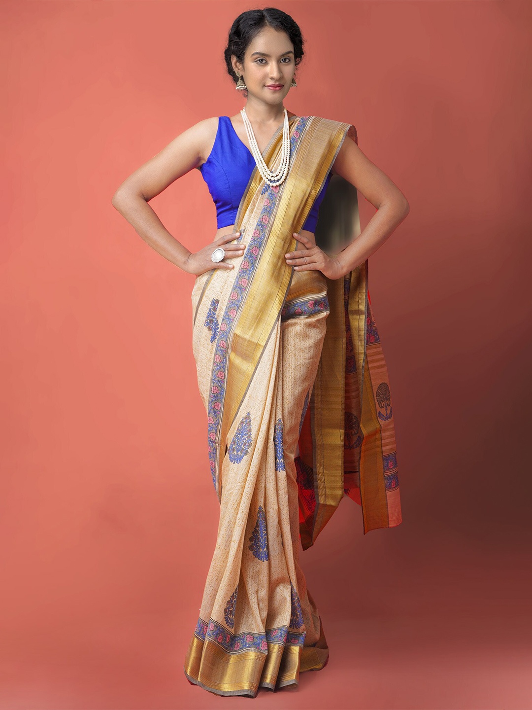 

Unnati Silks Women Brown & Blue Ethnic Motifs Zari Silk Cotton Maheshwari Saree