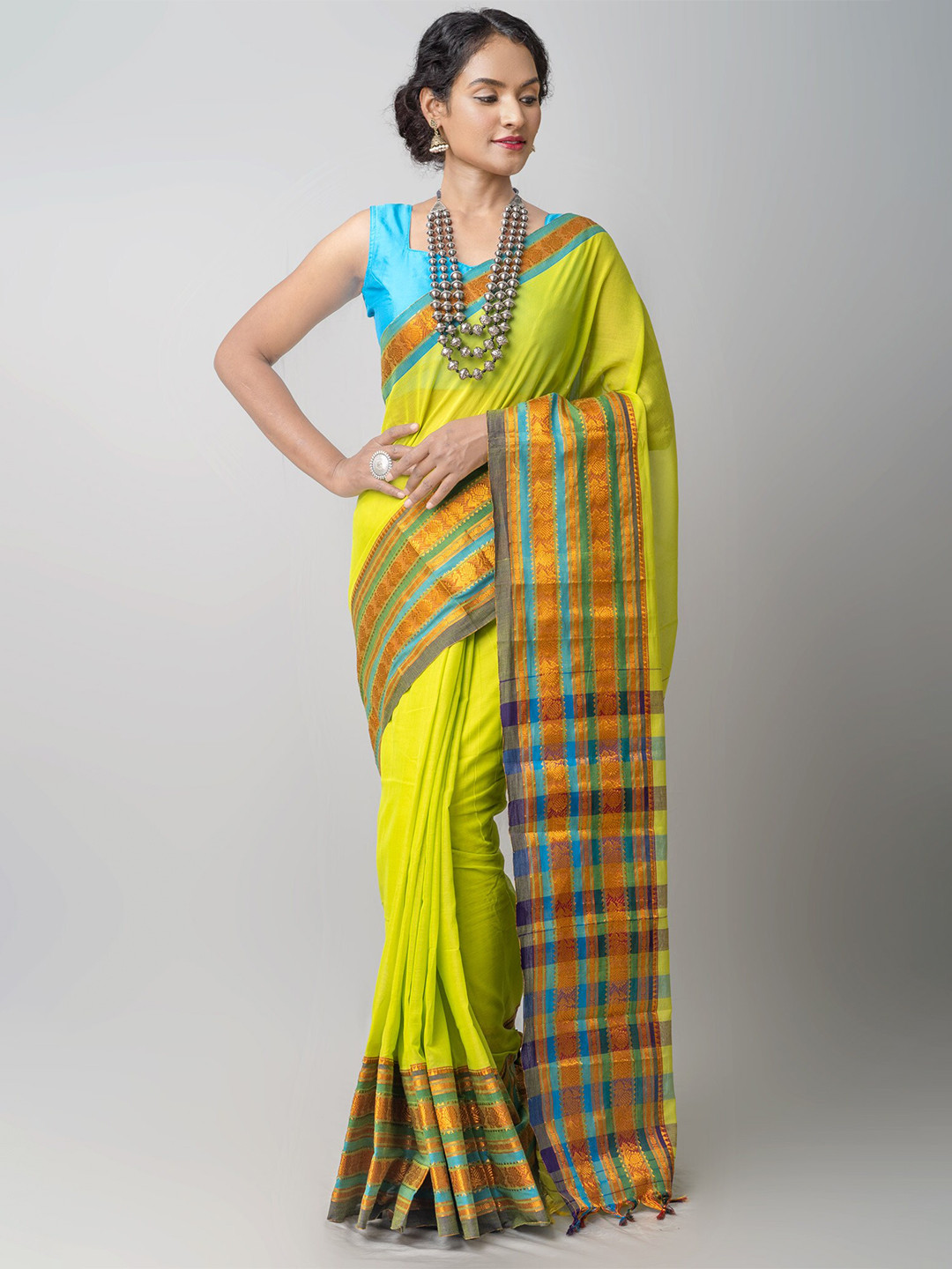 

Unnati Silks Yellow & Blue Striped Zari Pure Cotton Handloom Narayan Peth Saree