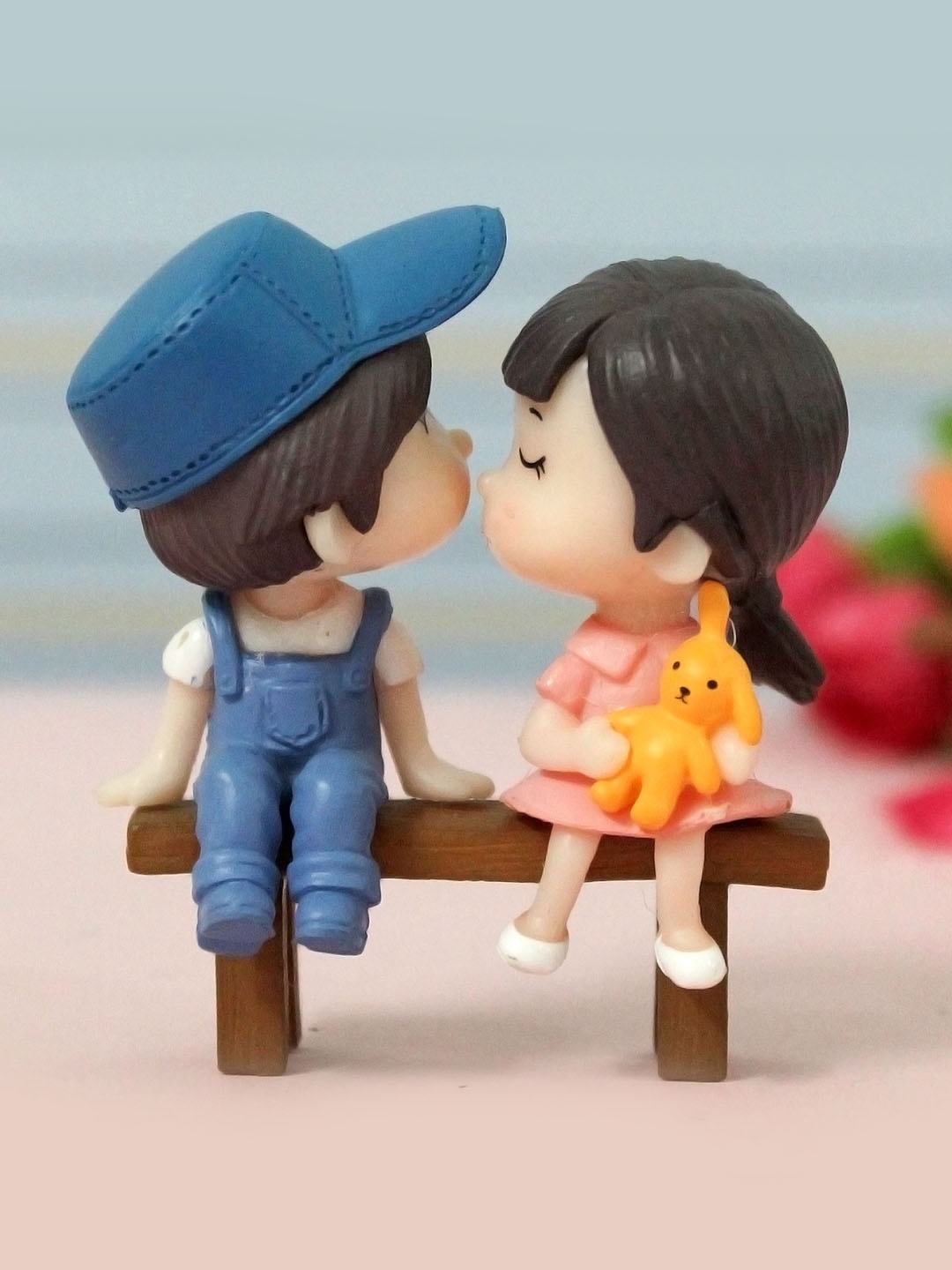 

TIED RIBBONS Brown & Blue Couple On Bench Miniature Valentine Showpiece