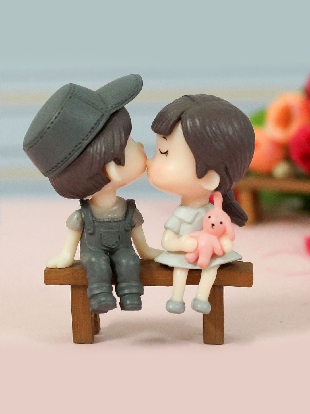 

TIED RIBBONS Brown Romantic Love Couple on Bench Valentine Miniature Showpiece