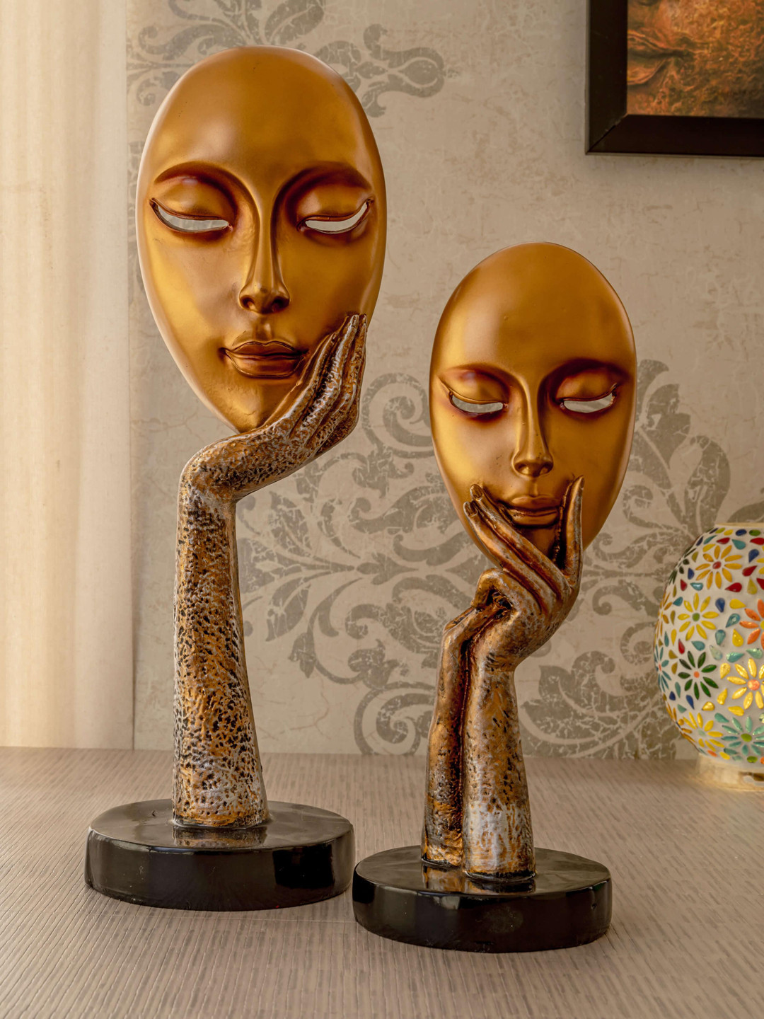 

TIED RIBBONS Set Of 2 Gold & Black Decorative Lady Face Showpieces